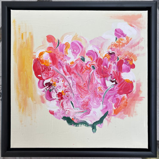 There is something wonderfully honest about flowers before they’re perfectly arranged. Barely Arranged celebrates that fleeting moment—when stems fall where they choose and petals create their own composition. Painted instinctively with expressive brushwork and layers of vibrant oil paint, it values feeling over precision, leaving space for the viewer to experience the work in their own way.