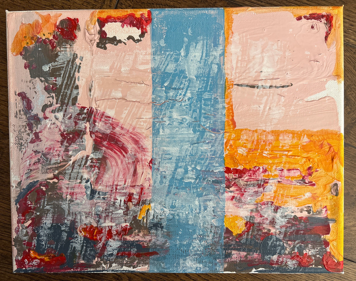 Layers of warm peach, coral and ochre are interrupted by a quiet ribbon of blue, creating a moment of stillness within an otherwise expressive composition. Built through repeated scraping, painting and rediscovery, the work balances loose gestural marks with simple geometric forms. Rather than settling into a landscape or an interior, it sits somewhere between the two—suggesting architecture, weather and memory without defining any of them. The result is a painting that feels both energetic and composed, in