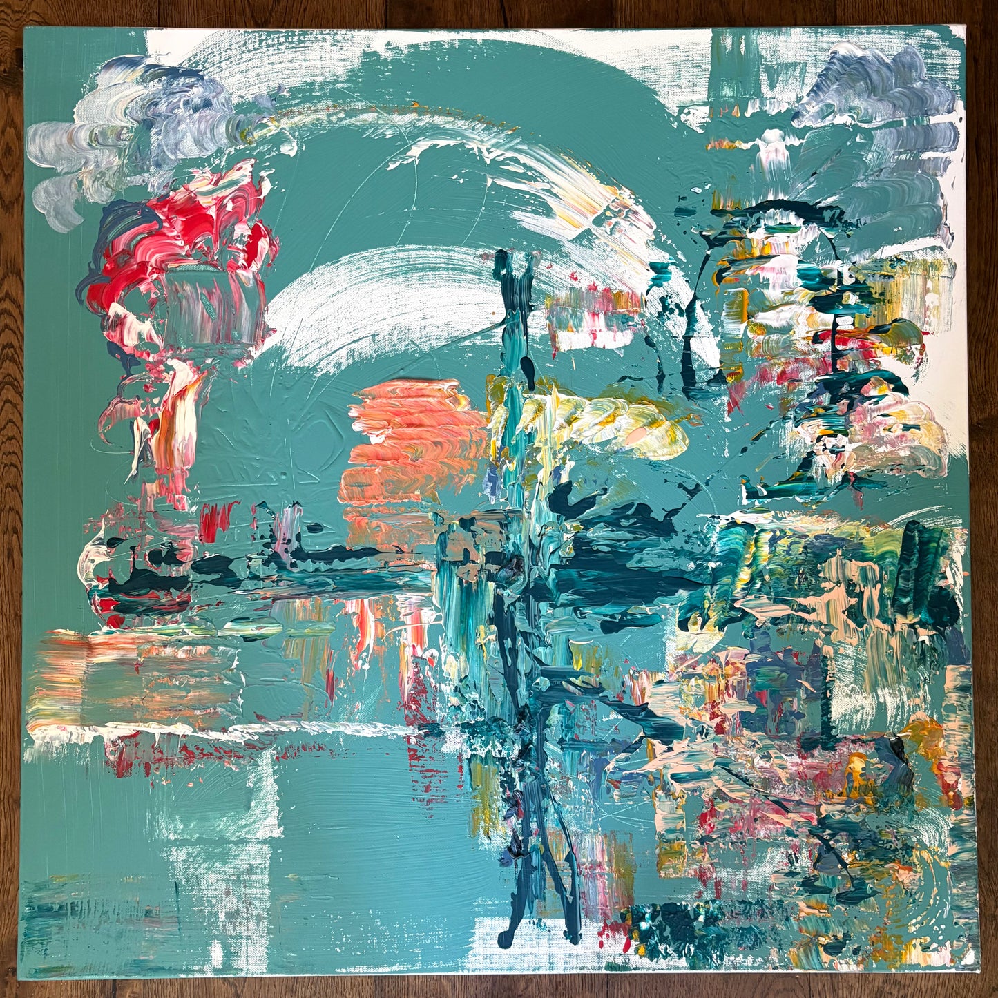 Sweeping gestures arc across the surface like shifting cloud or the crest of a wave, balancing against layered reflections and fragmented marks below. Built through successive layers of paint, the composition suggests changing weather rather than a fixed scene, allowing traces of colour and movement to surface and disappear much like light across water.