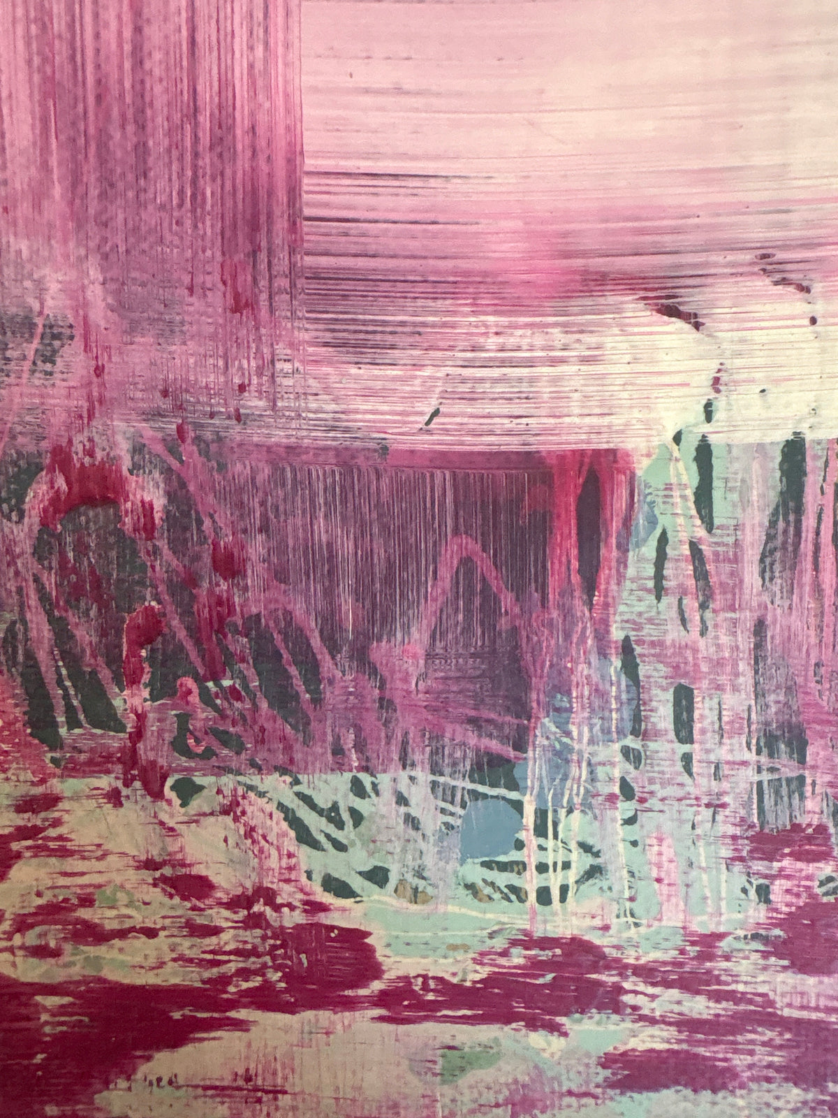 Still Becoming explores the beauty of what is left behind. Layers of rich magenta are brushed, scraped and partially obscured, allowing fragments of earlier marks to remain visible beneath the surface. The central field of light creates a quiet pause within the composition, balancing energy with stillness. Rather than concealing its history, the painting embraces it—each layer becoming part of the final work, much like the worn walls and lived-in interiors that continue to inspire my practice.