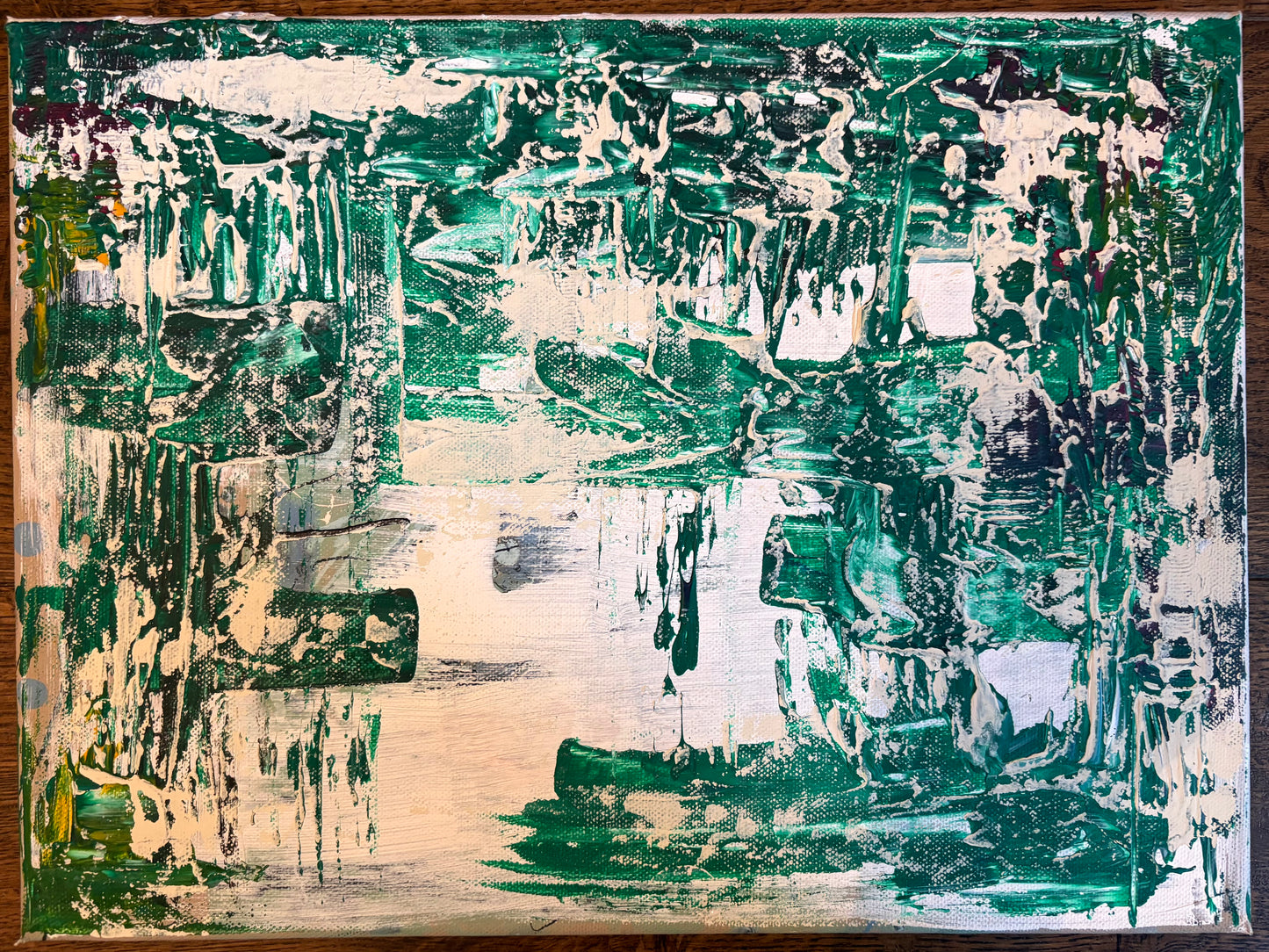 Through the Canopy explores the interplay between structure and nature. Layers of emerald green and soft white are built up, scraped back and revealed again, creating glimpses of light, shadow and hidden spaces. The painting sits somewhere between landscape and memory, inviting the viewer to discover their own woodland, garden or imagined place within its richly textured surface.