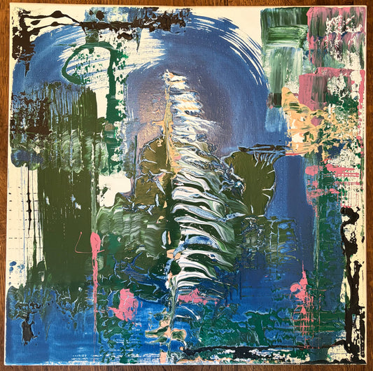Built around a single sweeping gesture, this painting captures the instant before water changes direction. Thick ribbons of oil carve through deep blues and moss greens, creating a composition that feels both powerful and fleeting. Architectural marks and scraped textures anchor the movement, balancing energy with structure and inviting multiple readings—from coastline to cliff face, waterfall to wave.