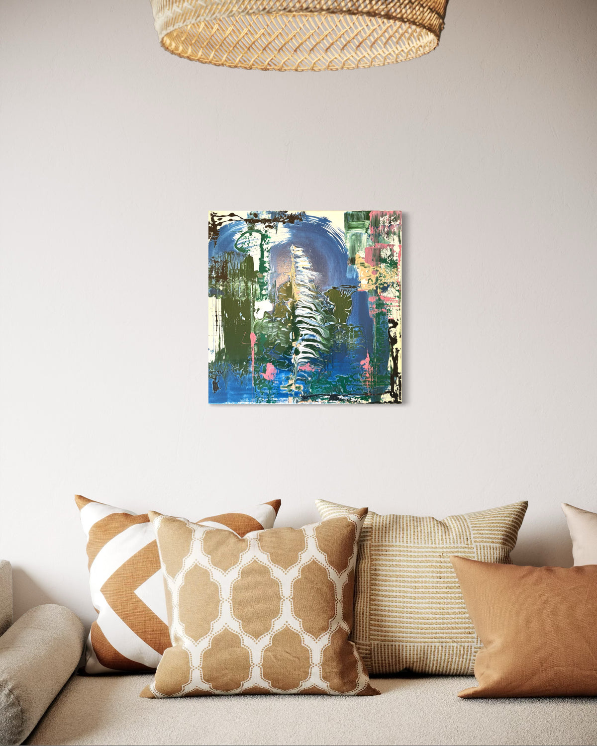 Built around a single sweeping gesture, this painting captures the instant before water changes direction. Thick ribbons of oil carve through deep blues and moss greens, creating a composition that feels both powerful and fleeting. Architectural marks and scraped textures anchor the movement, balancing energy with structure and inviting multiple readings—from coastline to cliff face, waterfall to wave.