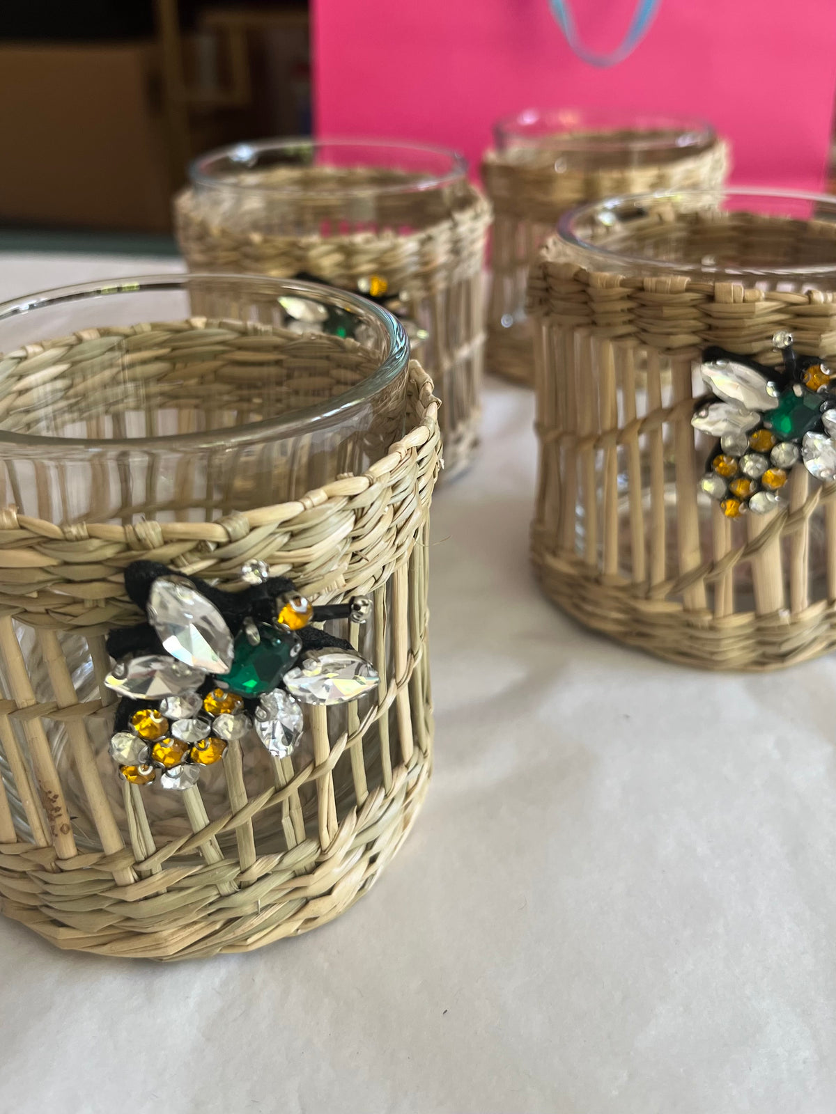 woven cane and sequinned tea light candle holder