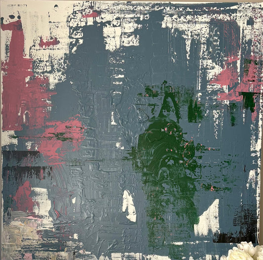 Abstract art with a mix of red, green, and gray colors on a textured surface.