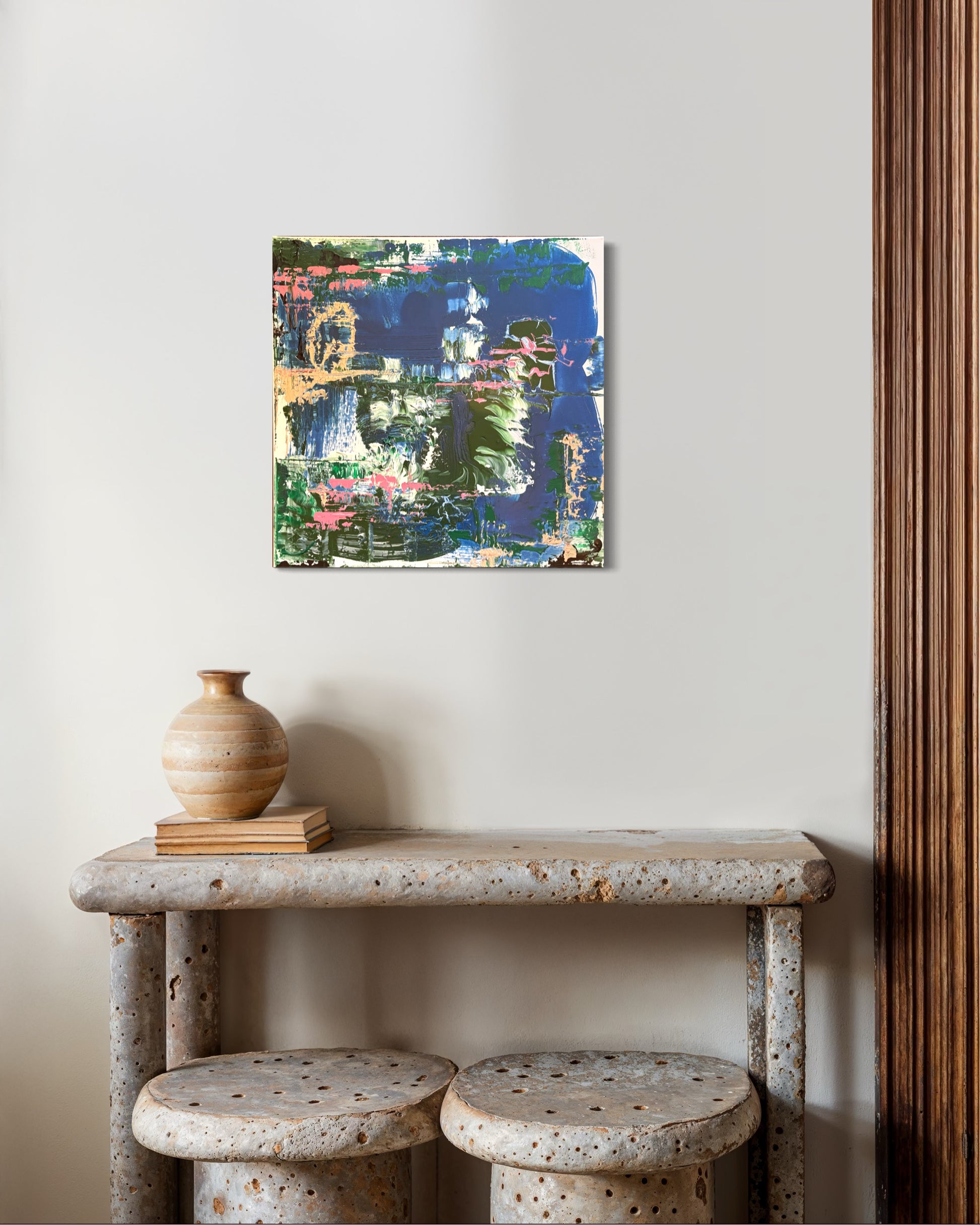 A study in shifting shoreline and changing light, this painting hovers between map and memory. Layers of indigo, olive and soft coral suggest tidal landscapes viewed from above, where water, marsh and sand continually redraw their boundaries. Thick passages of oil sit alongside scraped-back surfaces, allowing earlier colours to remain visible beneath the final composition.