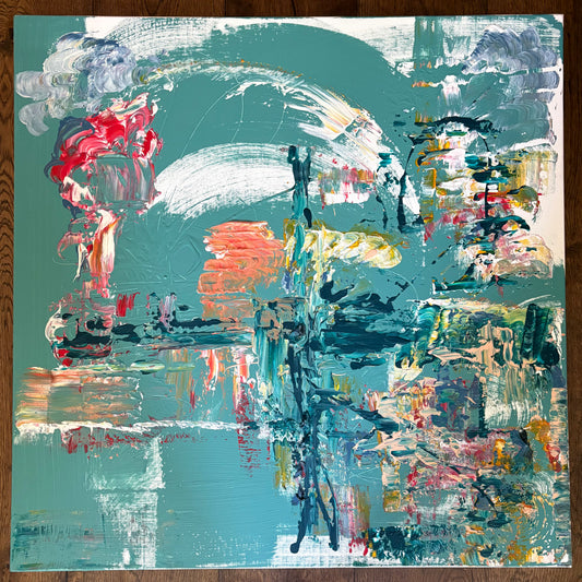 Sweeping gestures arc across the surface like shifting cloud or the crest of a wave, balancing against layered reflections and fragmented marks below. Built through successive layers of paint, the composition suggests changing weather rather than a fixed scene, allowing traces of colour and movement to surface and disappear much like light across water.