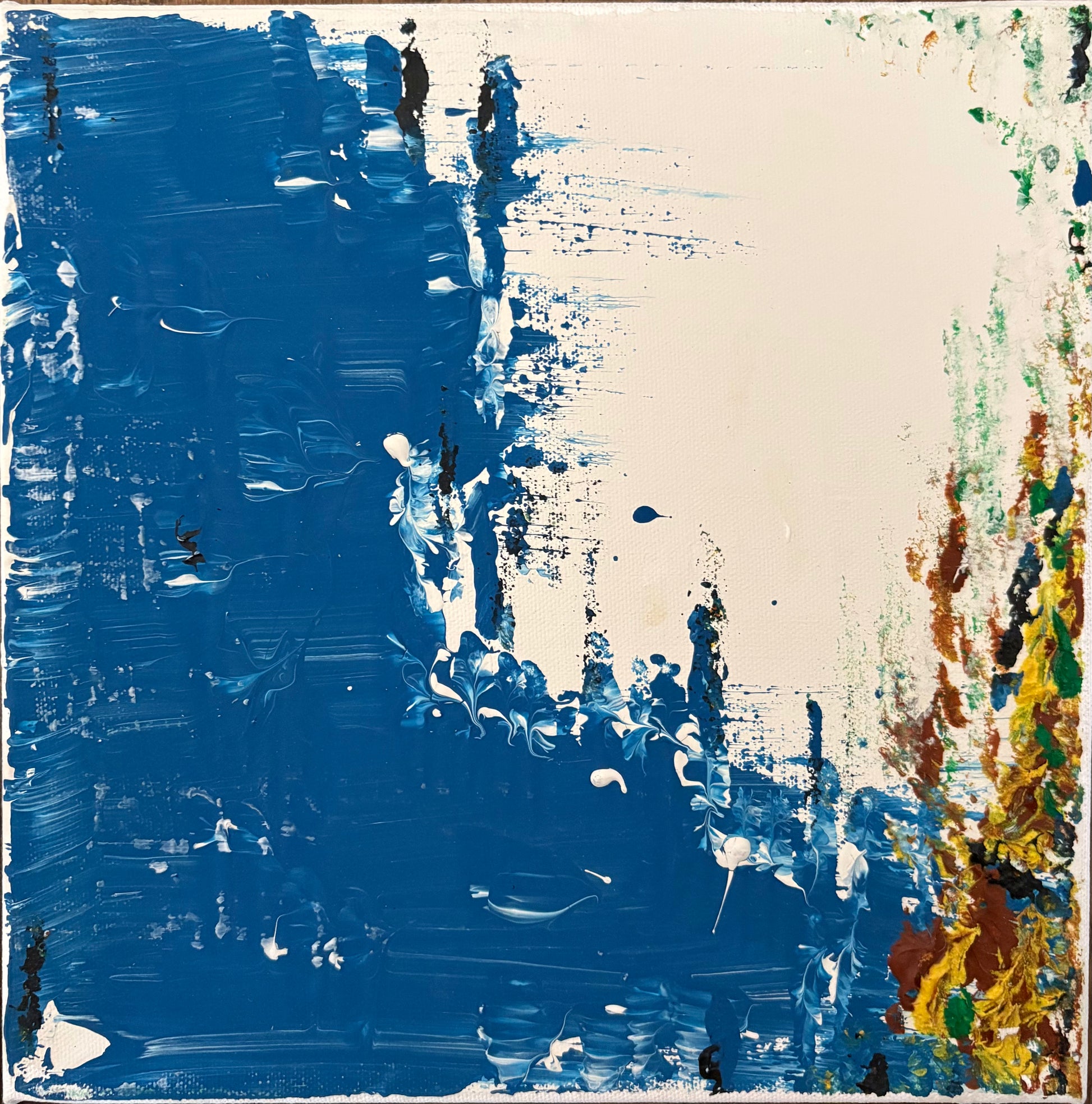 Inspired by the quiet geometry of harbour walls and weathered timber groynes, Harbour Edge explores the meeting point between land and sea through layered blues, open space and timeworn textures. The painting is less concerned with depicting a place than capturing its atmosphere—allowing memory, light and the imagination to complete the scene.