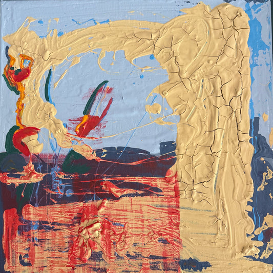 Heat and Fracture explores the tension between strength and vulnerability through layers of colour, texture and intuitive mark-making. Cracked ochre surfaces sit alongside bold passages of coral, cobalt and deep navy, creating a composition that feels both weathered and alive. Painted instinctively, the work embraces the beauty of imperfect surfaces, inviting the viewer to find their own narrative within its shifting forms and contrasts.
