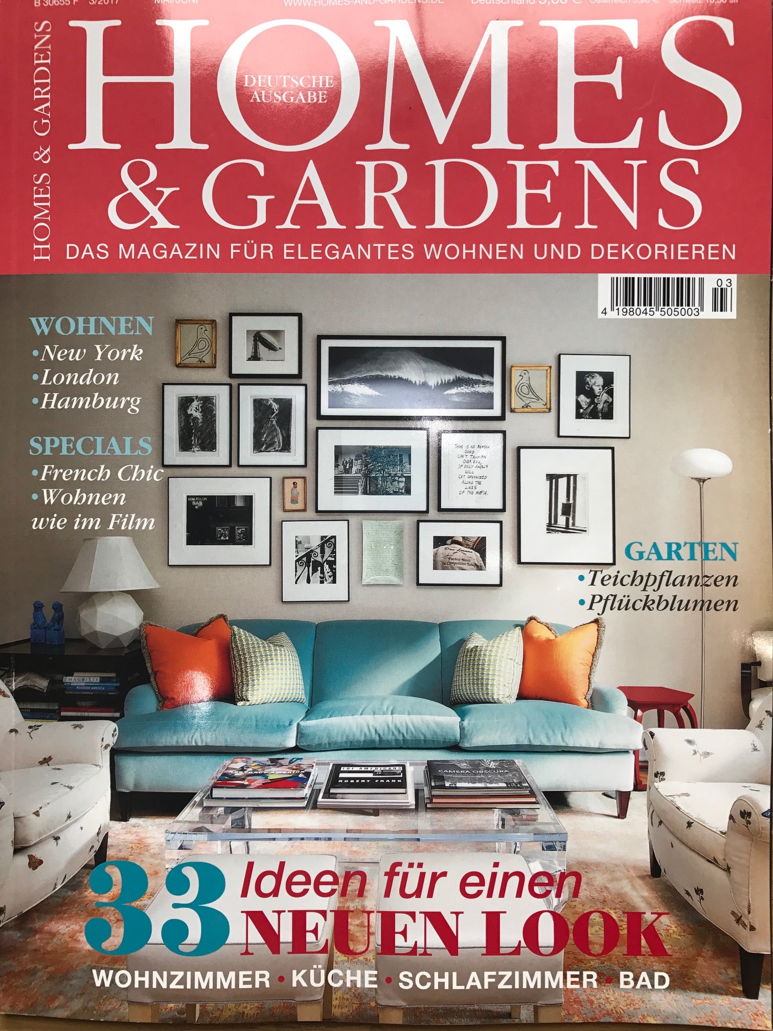 Magazine cover titled 'Homes & Gardens' with interior design images and text.