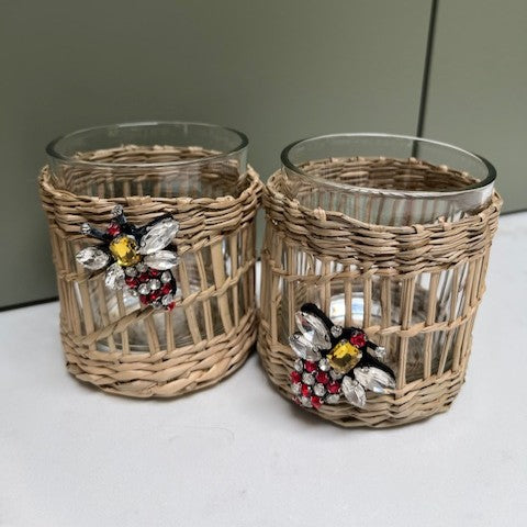 woven cane and sequinned tea light candle holder