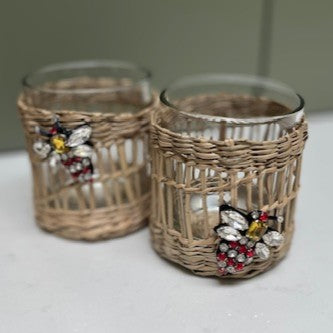 woven cane and sequinned tea light candle holder