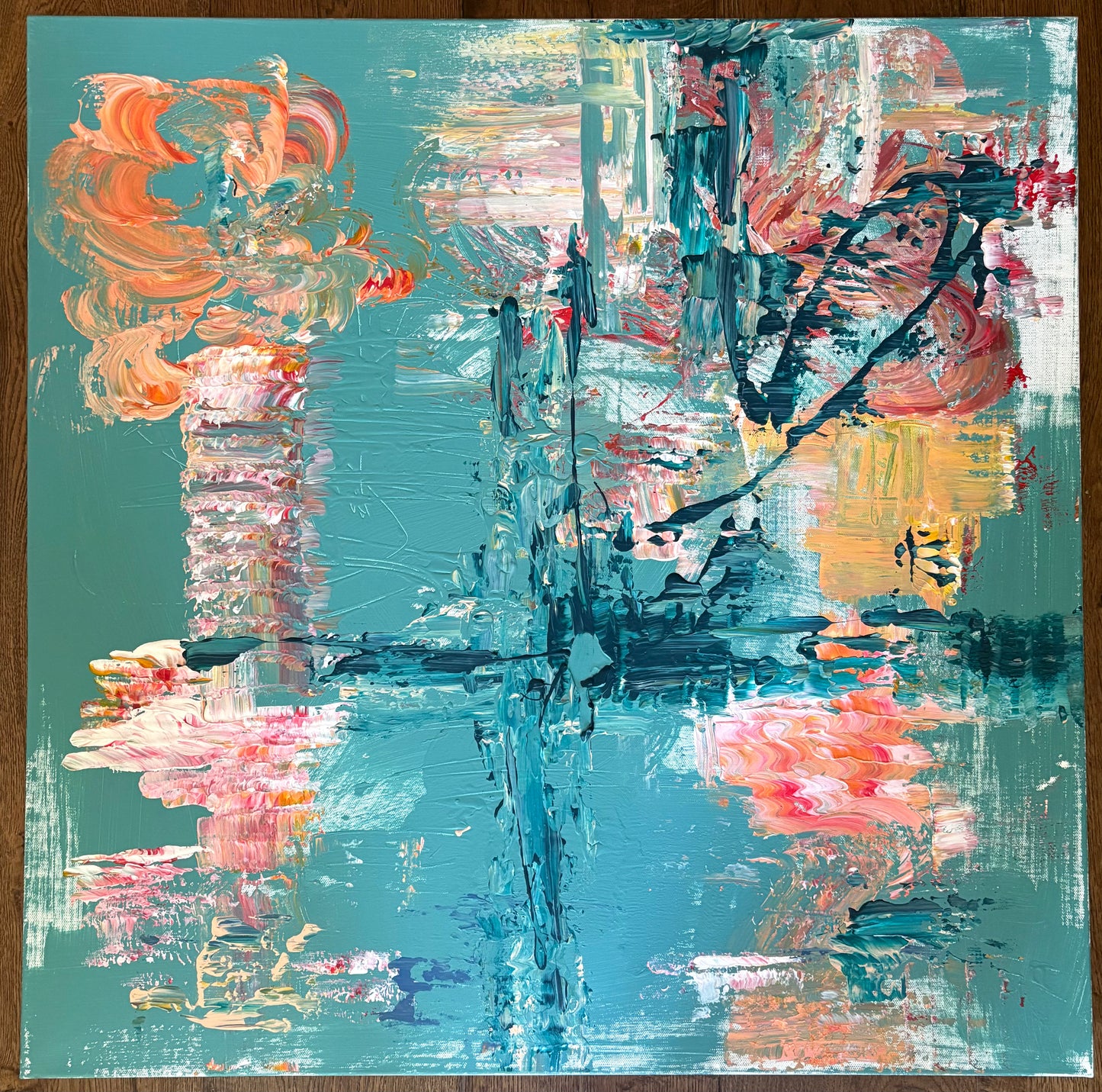 Layers of turquoise, weathered charcoal and fleeting coral drift between sea and structure. Vertical forms emerge like harbour posts reflected in still water before dissolving again into loose, painterly marks. Rather than describing a specific place, the painting captures the atmosphere that remains after the tide has turned—quiet, salt-laden and suspended somewhere between memory and landscape.

76cm x 76cm