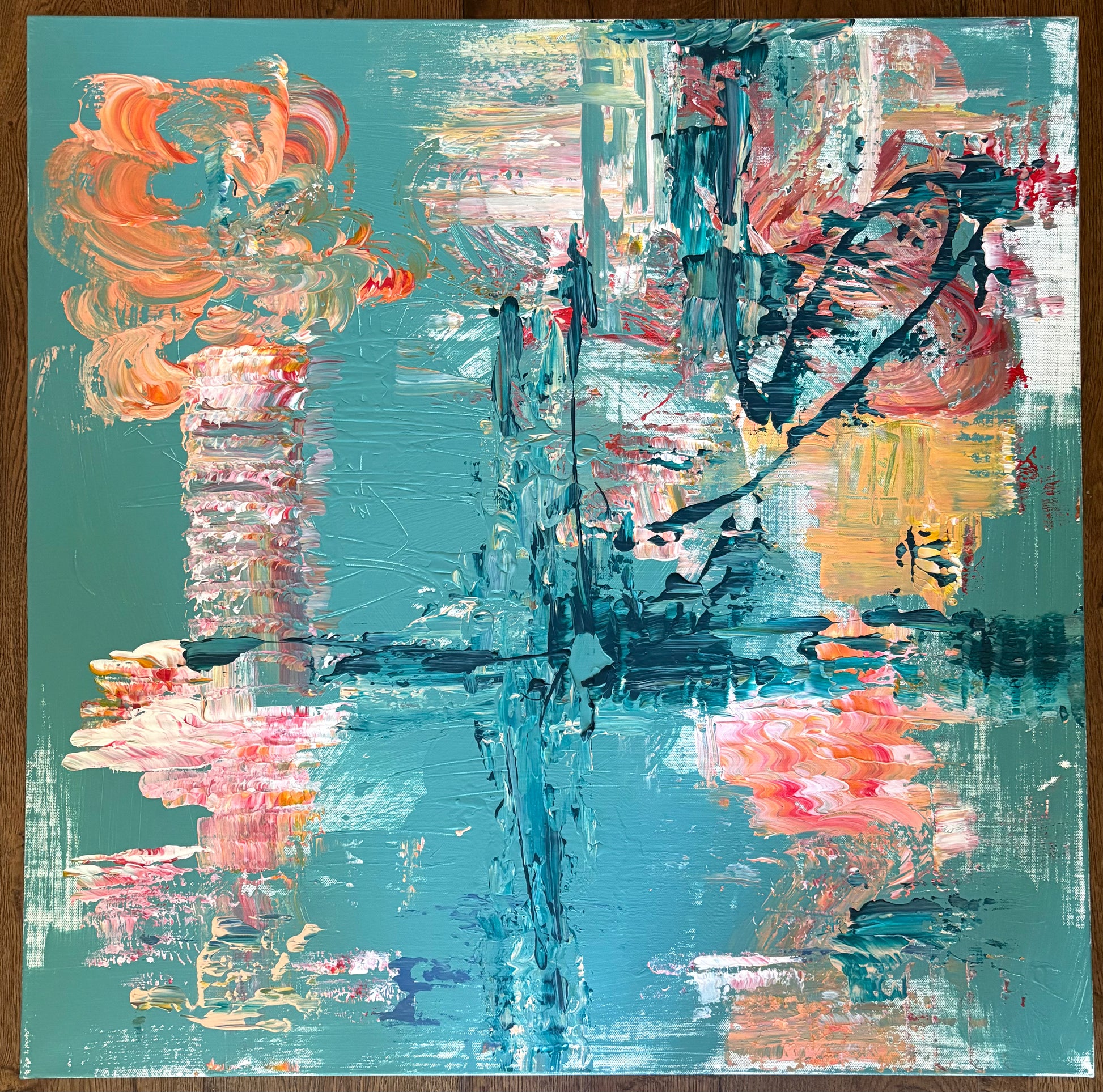 Layers of turquoise, weathered charcoal and fleeting coral drift between sea and structure. Vertical forms emerge like harbour posts reflected in still water before dissolving again into loose, painterly marks. Rather than describing a specific place, the painting captures the atmosphere that remains after the tide has turned—quiet, salt-laden and suspended somewhere between memory and landscape.

76cm x 76cm