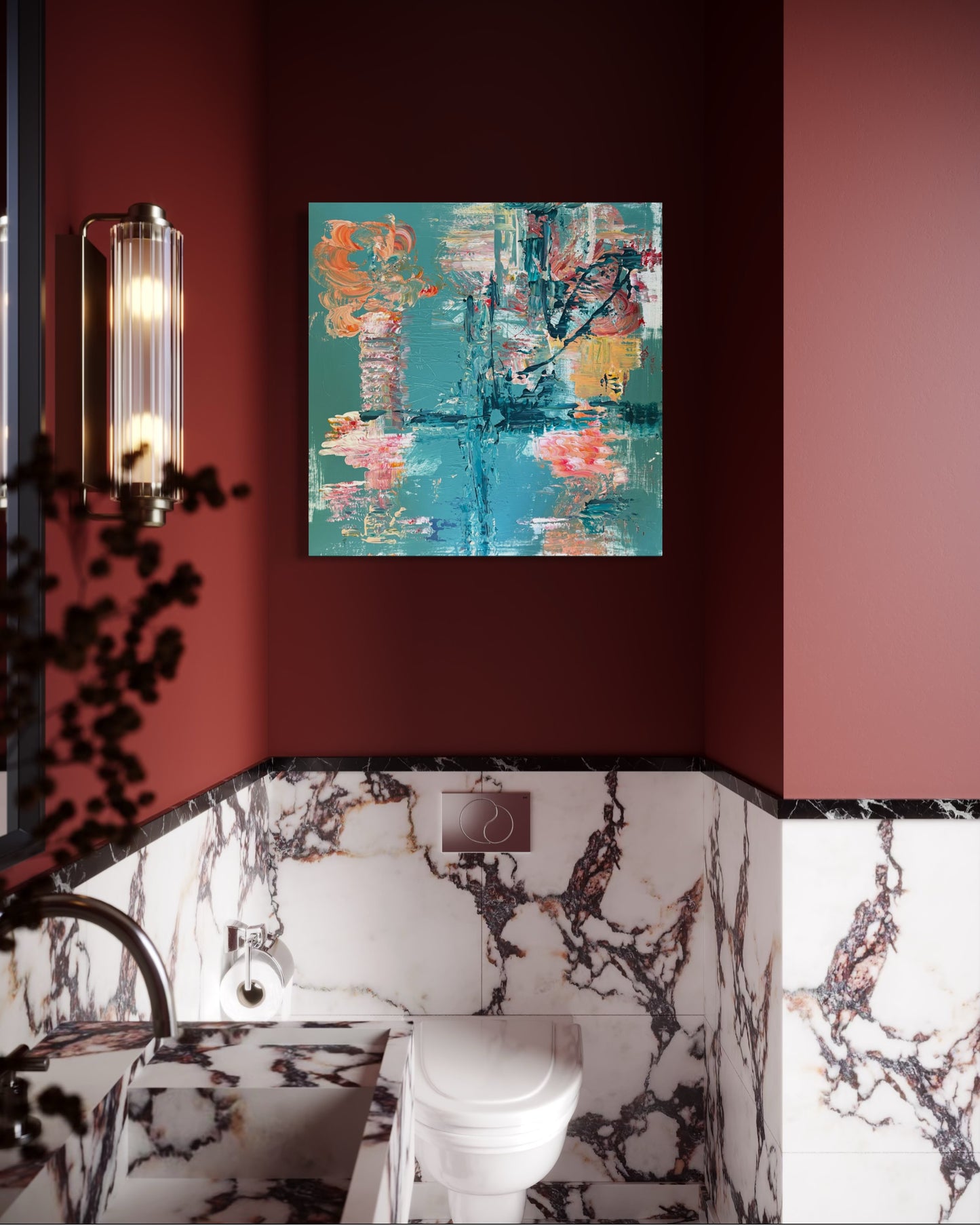 Layers of turquoise, weathered charcoal and fleeting coral drift between sea and structure. Vertical forms emerge like harbour posts reflected in still water before dissolving again into loose, painterly marks. Rather than describing a specific place, the painting captures the atmosphere that remains after the tide has turned—quiet, salt-laden and suspended somewhere between memory and landscape.

76cm x 76cm