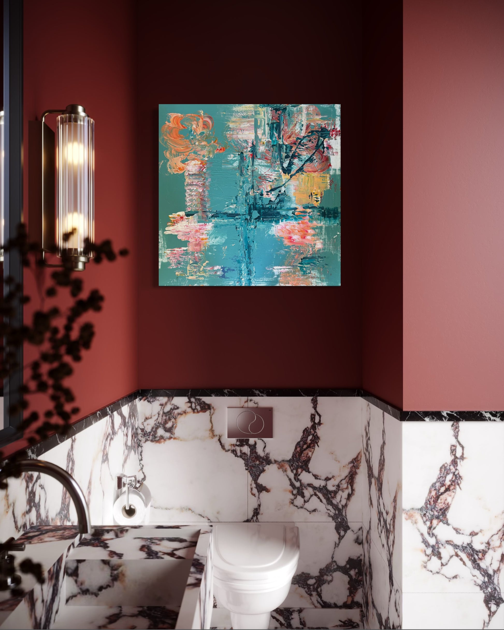 Layers of turquoise, weathered charcoal and fleeting coral drift between sea and structure. Vertical forms emerge like harbour posts reflected in still water before dissolving again into loose, painterly marks. Rather than describing a specific place, the painting captures the atmosphere that remains after the tide has turned—quiet, salt-laden and suspended somewhere between memory and landscape.

76cm x 76cm