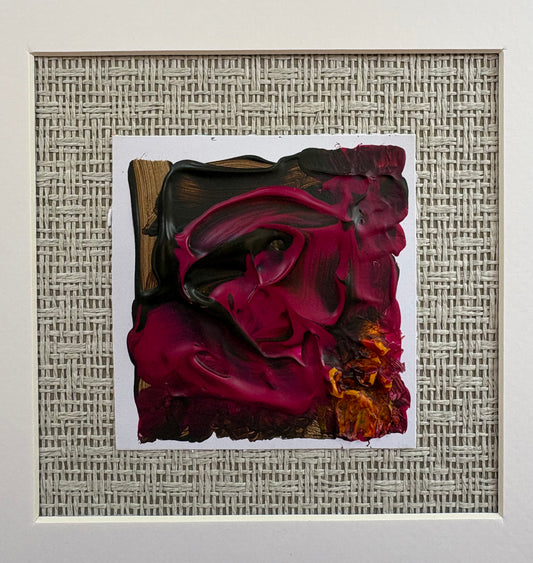 Explores the tension between depth and luminosity. Layers of rich crimson, blackberry and charcoal drift across the surface, interrupted by flashes of amber that emerge like embers beneath the paint. Mounted against a woven grass cloth backdrop, the work brings together texture, colour and materiality — a nod to Fleur Ward’s background in interiors, where surfaces and atmosphere are as important as form. The result is a piece that feels both organic and expressive, inviting the viewer to discover their own 
