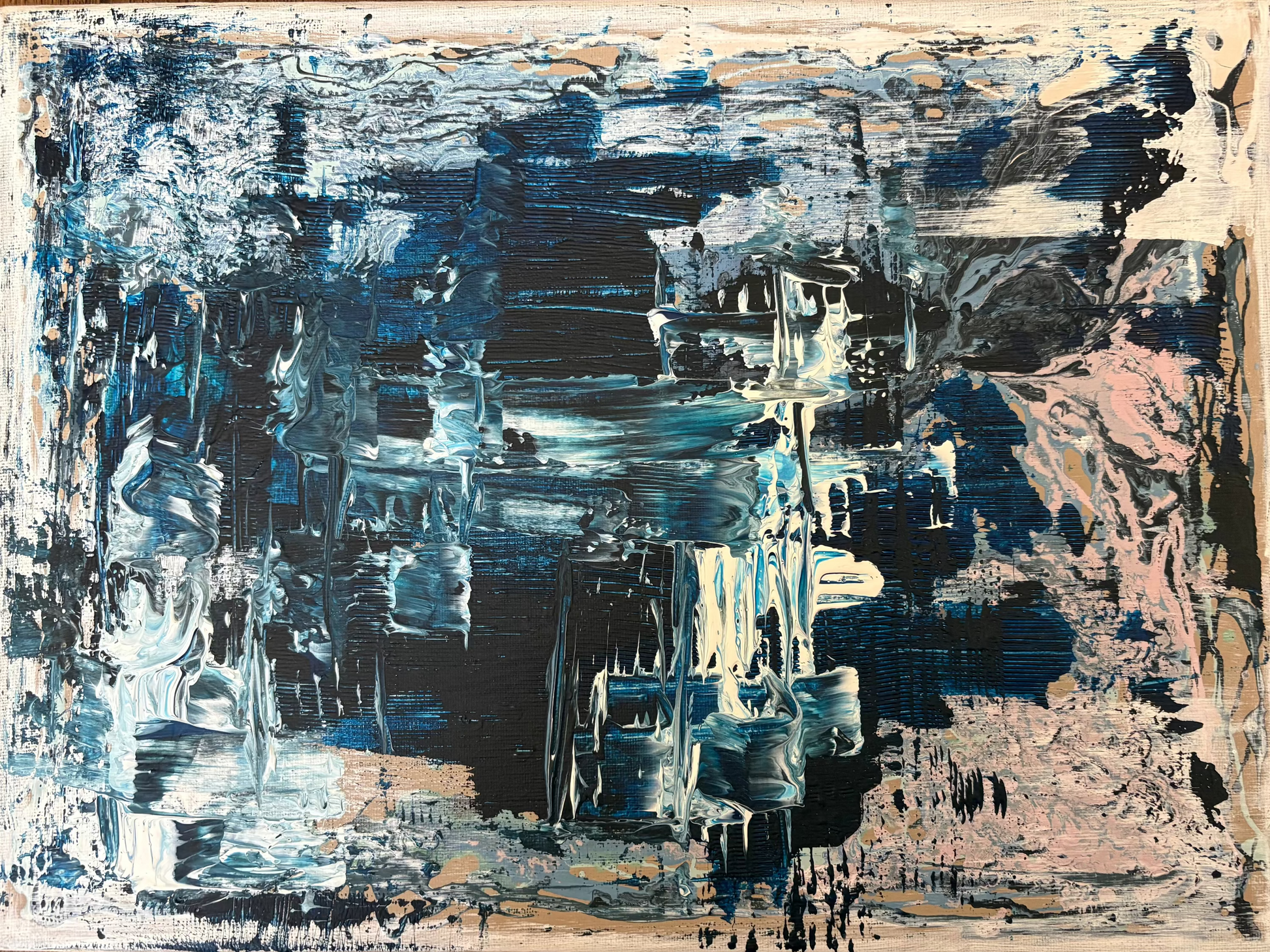 Night Tide explores the quiet moments between movement and stillness. Layers of deep indigo, charcoal and soft mineral tones drift across the canvas, revealing glimpses of light beneath heavier textures. The painting hints at reflections on dark water, weathered surfaces and fading horizons, never settling into a single place or story. Like much of Fleur Ward’s work, it invites the viewer to pause, look closer and discover their own landscape within the abstract.