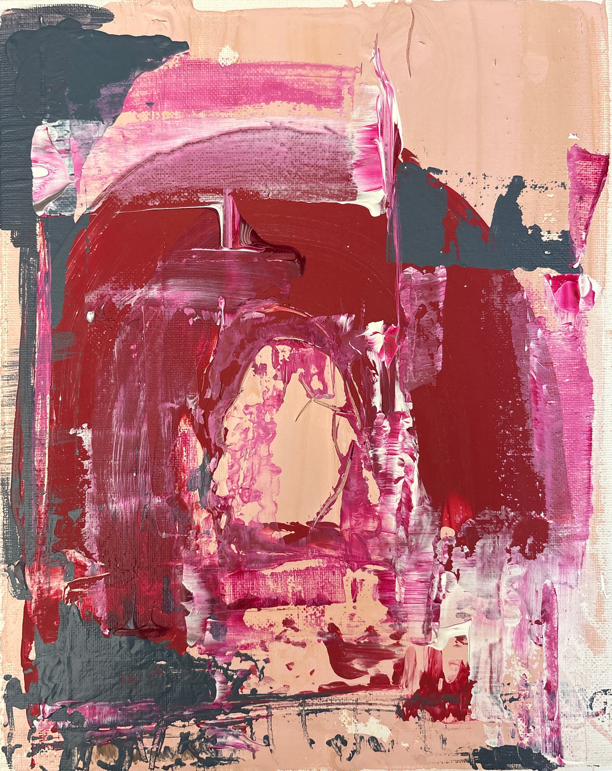 Rooms Remember explores the traces left behind by places we inhabit. Layers of blush, crimson and charcoal overlap like walls painted and repainted over time, revealing glimpses of what came before. Neither entirely abstract nor representational, the painting hints at doorways, interiors and memories without defining them, leaving space for each viewer to find their own connection.