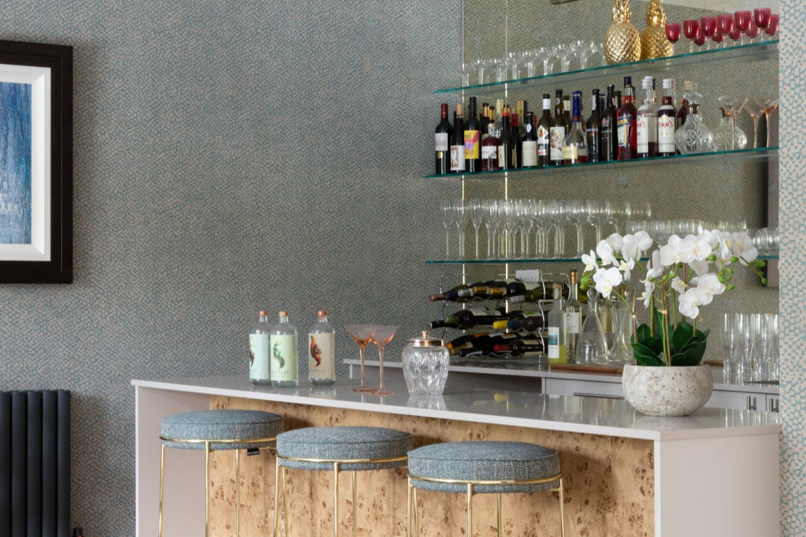home bar cork front mirrored wall glass shelves 