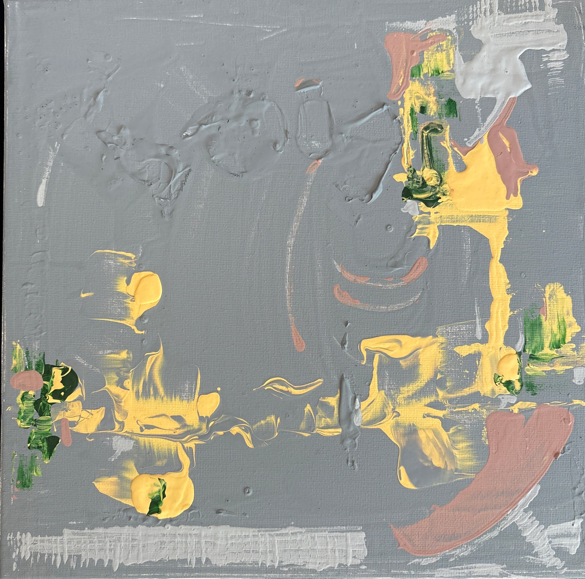 Painted instinctively, Somewhere between erosion and growth explores the relationship between worn surfaces and fresh beginnings. Layers of soft grey are interrupted by unexpected bursts of colour, creating a quiet tension between restraint and spontaneity. Rather than telling a fixed story, the painting offers space to pause, reflect and find your own interpretation.&nbsp;