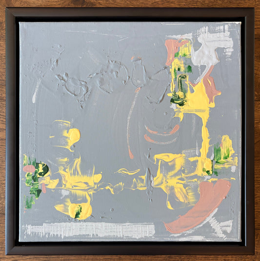 Painted instinctively, Somewhere between erosion and growth explores the relationship between worn surfaces and fresh beginnings. Layers of soft grey are interrupted by unexpected bursts of colour, creating a quiet tension between restraint and spontaneity. Rather than telling a fixed story, the painting offers space to pause, reflect and find your own interpretation.&nbsp;