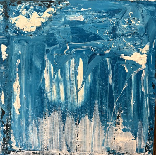 Inspired by the immense stillness of ice shelves and the hidden depths beneath open water, Soundings explores what lies below the surface. Layers of blue are scraped, poured and suspended, allowing light to filter through translucent passages before disappearing into darker depths. Rich in texture yet quiet in mood, the painting invites contemplation rather than certainty, leaving space for each viewer to discover their own landscape within it.