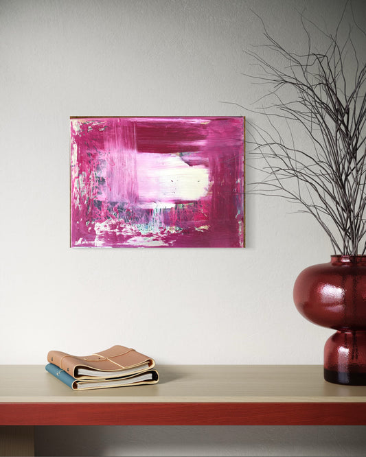 Still Becoming explores the beauty of what is left behind. Layers of rich magenta are brushed, scraped and partially obscured, allowing fragments of earlier marks to remain visible beneath the surface. The central field of light creates a quiet pause within the composition, balancing energy with stillness. Rather than concealing its history, the painting embraces it—each layer becoming part of the final work, much like the worn walls and lived-in interiors that continue to inspire my practice.