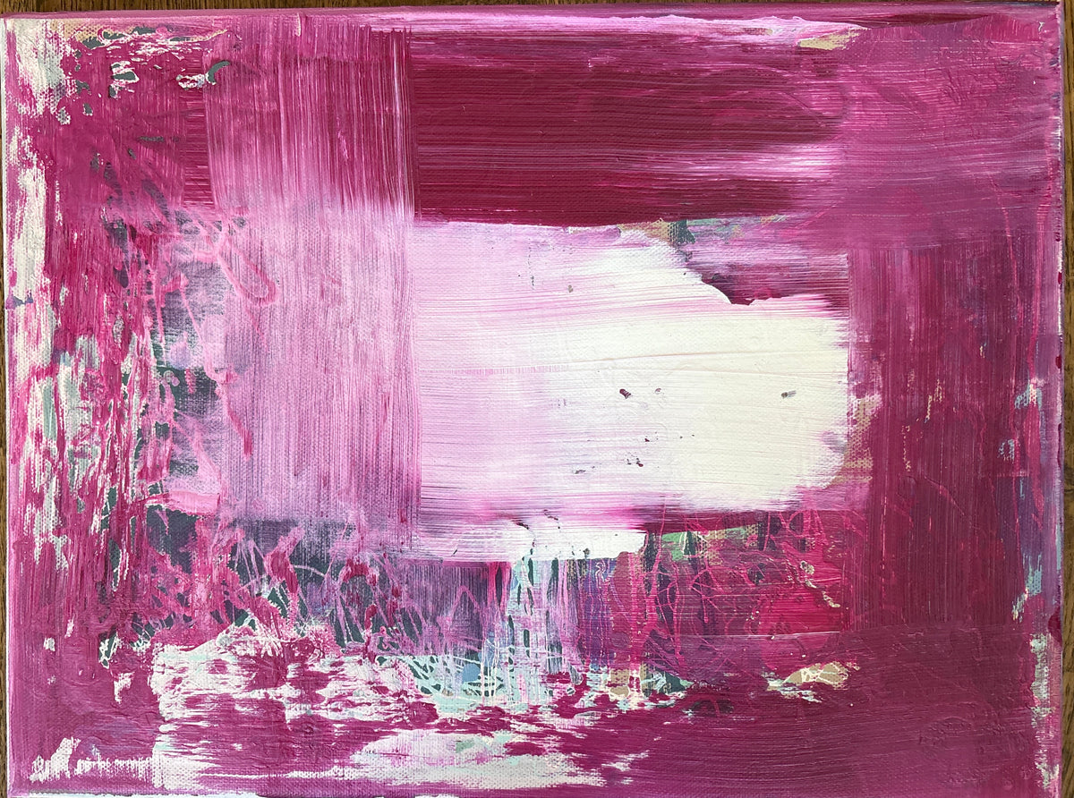 Still Becoming explores the beauty of what is left behind. Layers of rich magenta are brushed, scraped and partially obscured, allowing fragments of earlier marks to remain visible beneath the surface. The central field of light creates a quiet pause within the composition, balancing energy with stillness. Rather than concealing its history, the painting embraces it—each layer becoming part of the final work, much like the worn walls and lived-in interiors that continue to inspire my practice.
