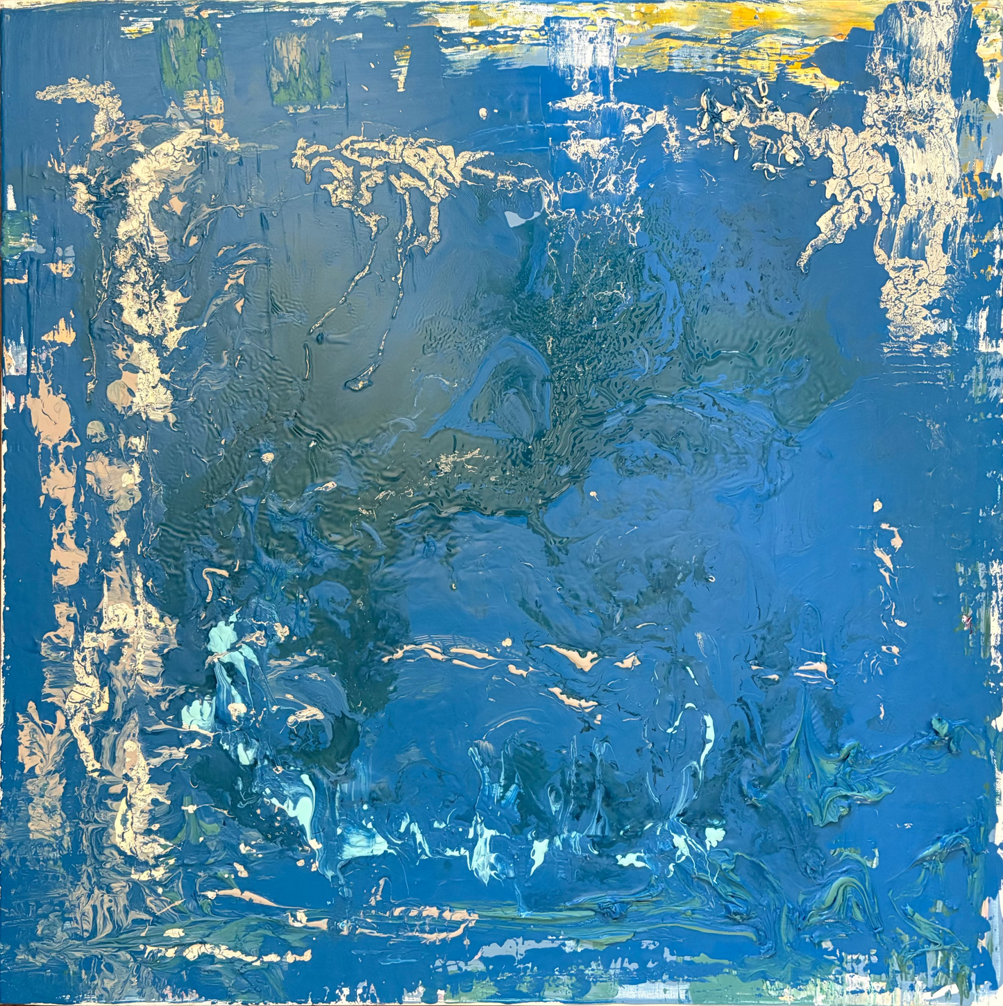 Built through layers of rich blues, sea greens and soft passages of light, Undertow explores the shifting depth of open water viewed from above. The surface appears calm at first glance, but darker forms emerge beneath, hinting at unseen currents and the quiet power below. Scraped textures and exposed marks suggest water shaped by time, inviting the viewer to linger somewhere between observation and imagination.