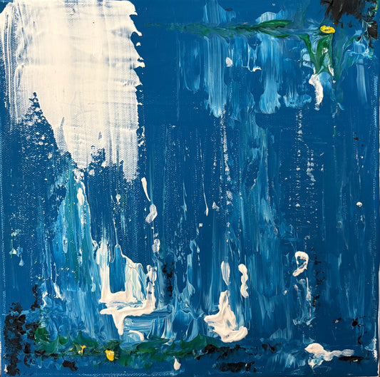 Layers of deep blue are interrupted by a sweeping white form that recalls the energy of a wave as it gathers, curls and breaks. Veils of paint, suspended drips and flashes of sea green suggest foam, tide and the restless movement of the shoreline. Rather than depicting a specific seascape, the painting captures a fleeting moment of force and release—where water reshapes everything it touches.