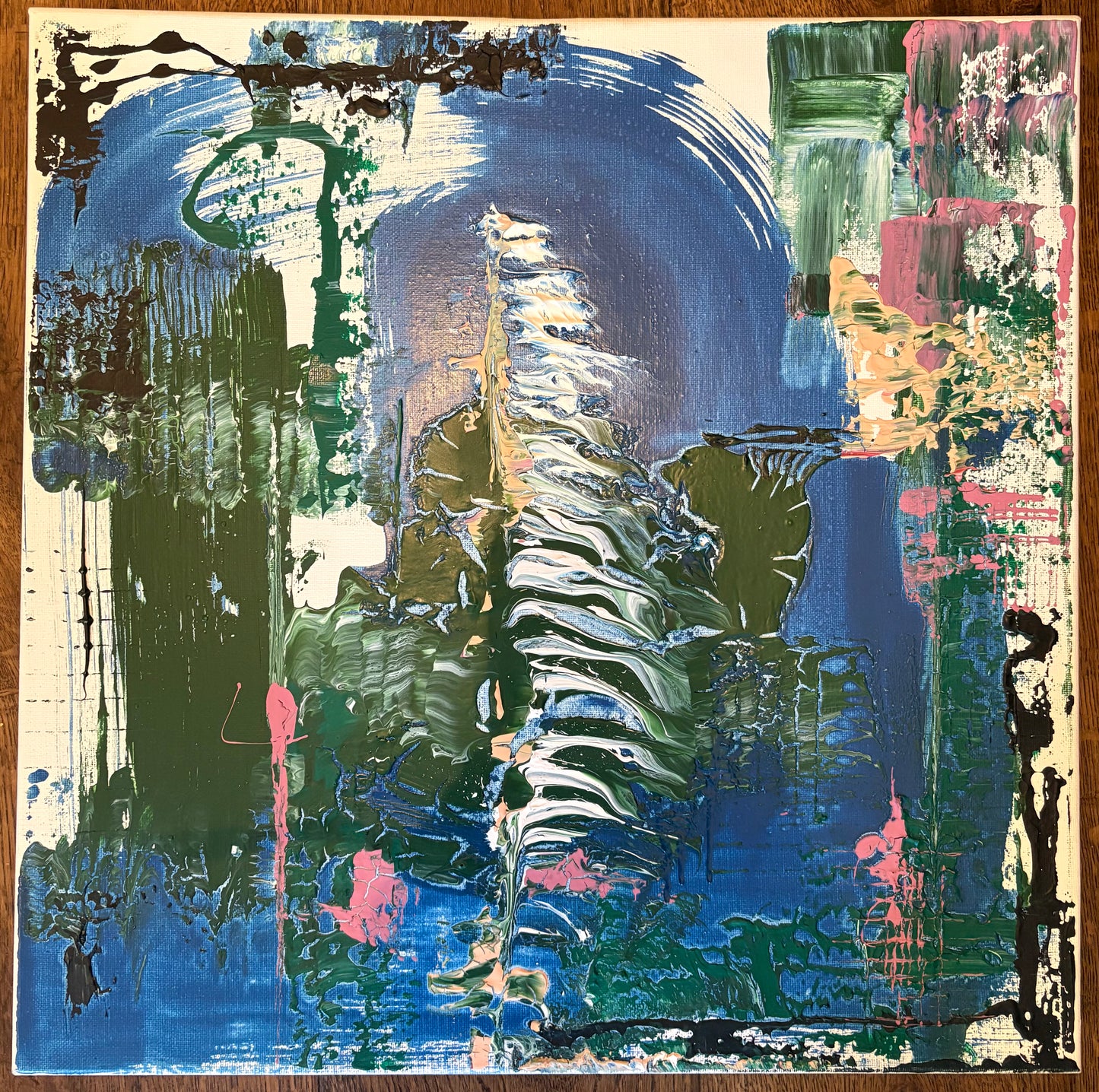 Built around a single sweeping gesture, this painting captures the instant before water changes direction. Thick ribbons of oil carve through deep blues and moss greens, creating a composition that feels both powerful and fleeting. Architectural marks and scraped textures anchor the movement, balancing energy with structure and inviting multiple readings—from coastline to cliff face, waterfall to wave.