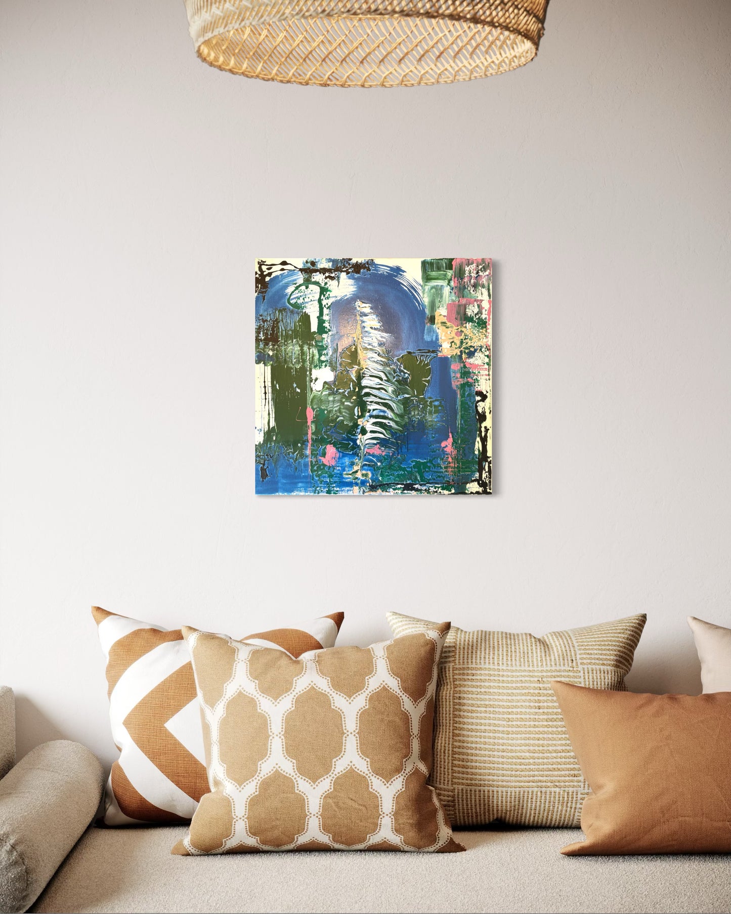 Built around a single sweeping gesture, this painting captures the instant before water changes direction. Thick ribbons of oil carve through deep blues and moss greens, creating a composition that feels both powerful and fleeting. Architectural marks and scraped textures anchor the movement, balancing energy with structure and inviting multiple readings—from coastline to cliff face, waterfall to wave.